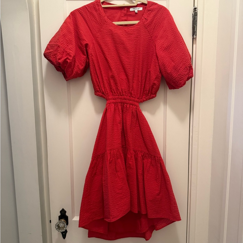 Madewell | Seersucker Puff Sleeve Cutout Mini Dress | Rust